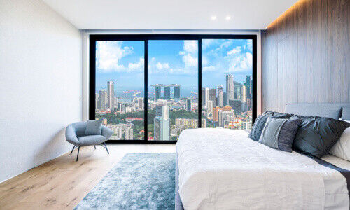 Singapore residential bedroom with a view of the skyline (Image: Shutterstock)