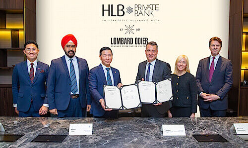 Signing of a strategic alliance by Hong Leong Bank’s Jeffrey Yap, Malkit Singh Maan and Kevin Lam with Lombard Odier’s Vincent Magnenat, Vanessa Raymundo and Hubert Keller (from left to right) (Image: Lombard Odier)